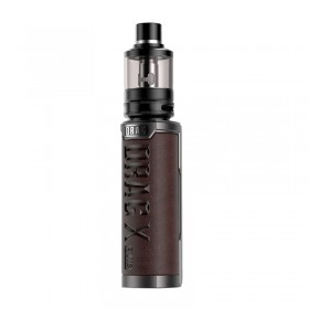 Voopoo Drag X Plus Pod mod kahverengi deri, siyah detaylı elektronik sigara.