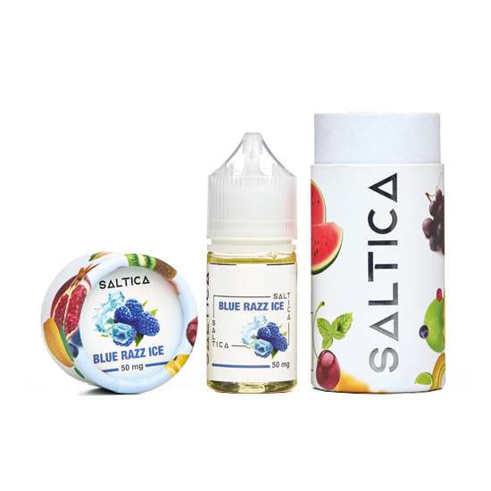 Saltica Blue Razz Ice Salt Likit 50 mg şişe ve kutu görseli.