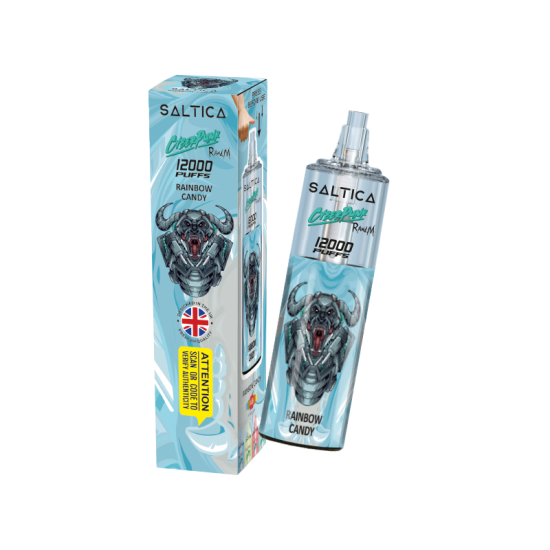 Saltica Cyberpunk 12000 Rainbow Candy tek kullanımlık vape kutu ve cihazı.