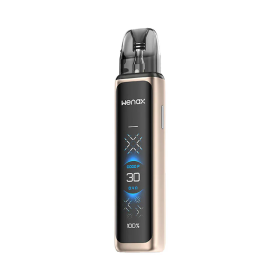 GeekVape Wenax Q Ultra Pod Mod altın renkli, dijital ekranlı elektronik sigara.