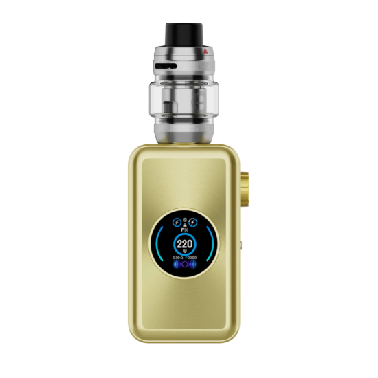 Vaporesso Gen Max Kit altın renkli, 220W dijital ekranlı elektronik sigara.